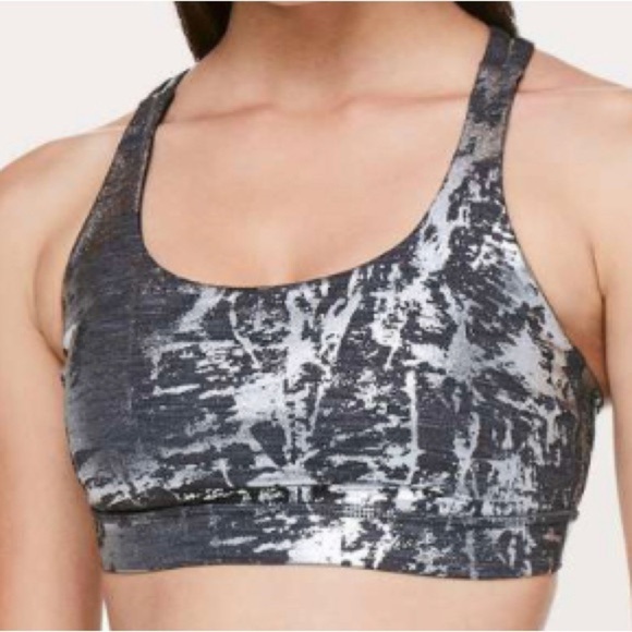 Lululemon Energy Bra Strappy Back Sports Bra Metallic Silver Glam Abstract Print - Picture 2 of 6